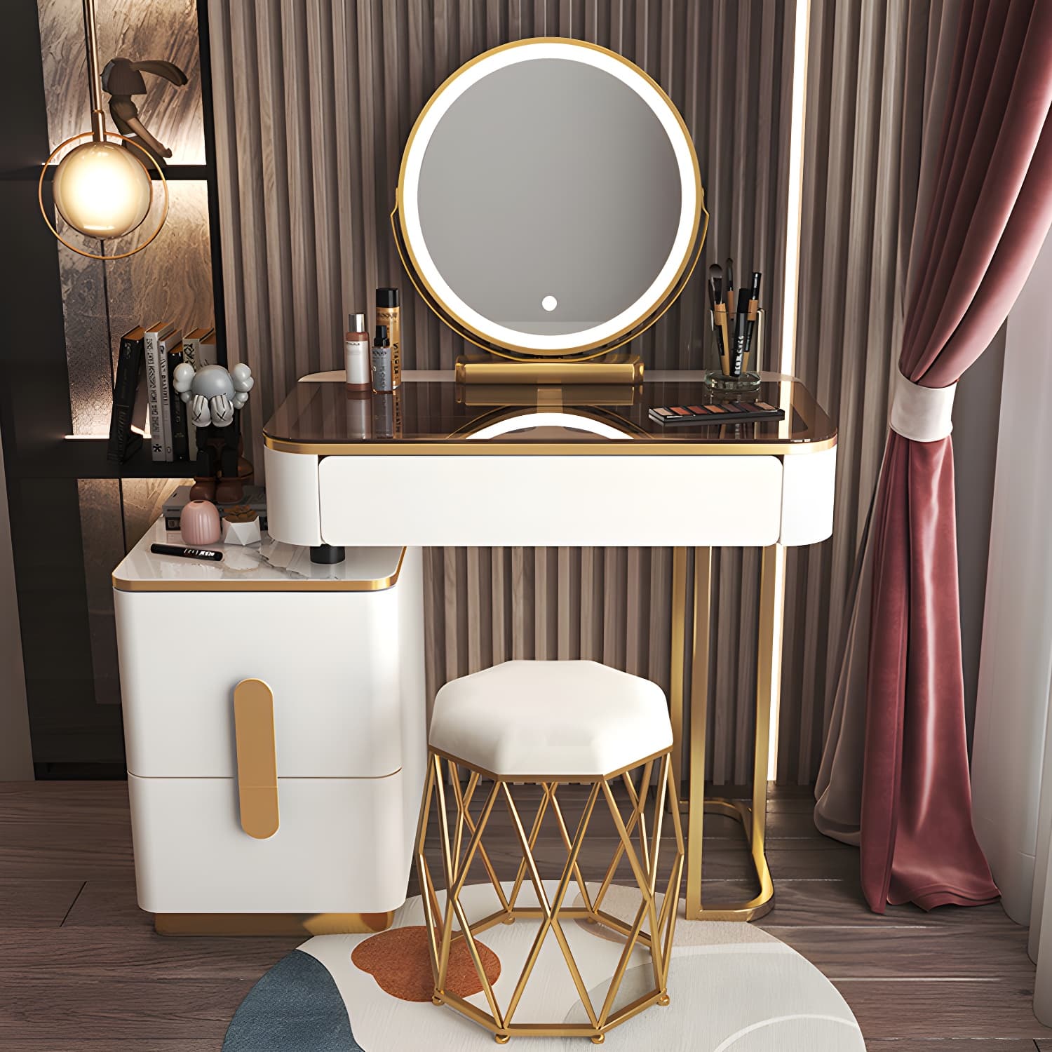 Glass Top Make-up Vanity Wood Dressing Table with Storage Drawers thumbnail 11
