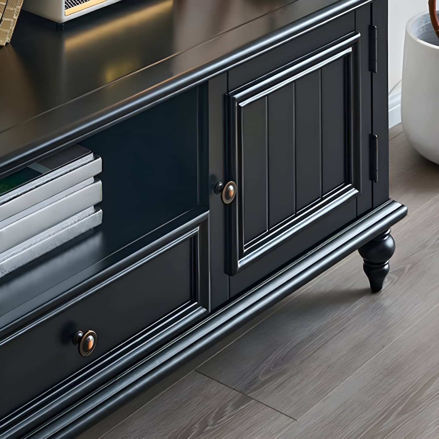 Modern Wood TV Stand with Open Storage & Cabinet Included - Standard Height - 3 Cabinets - With Legs thumbnail 8