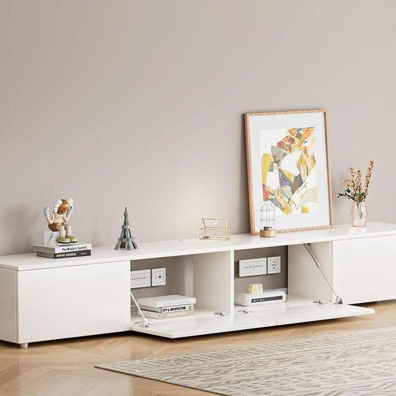 White Modern TV Stand with Low Height, Drawers, and Cable Management - Easy Full Assembly thumbnail 1