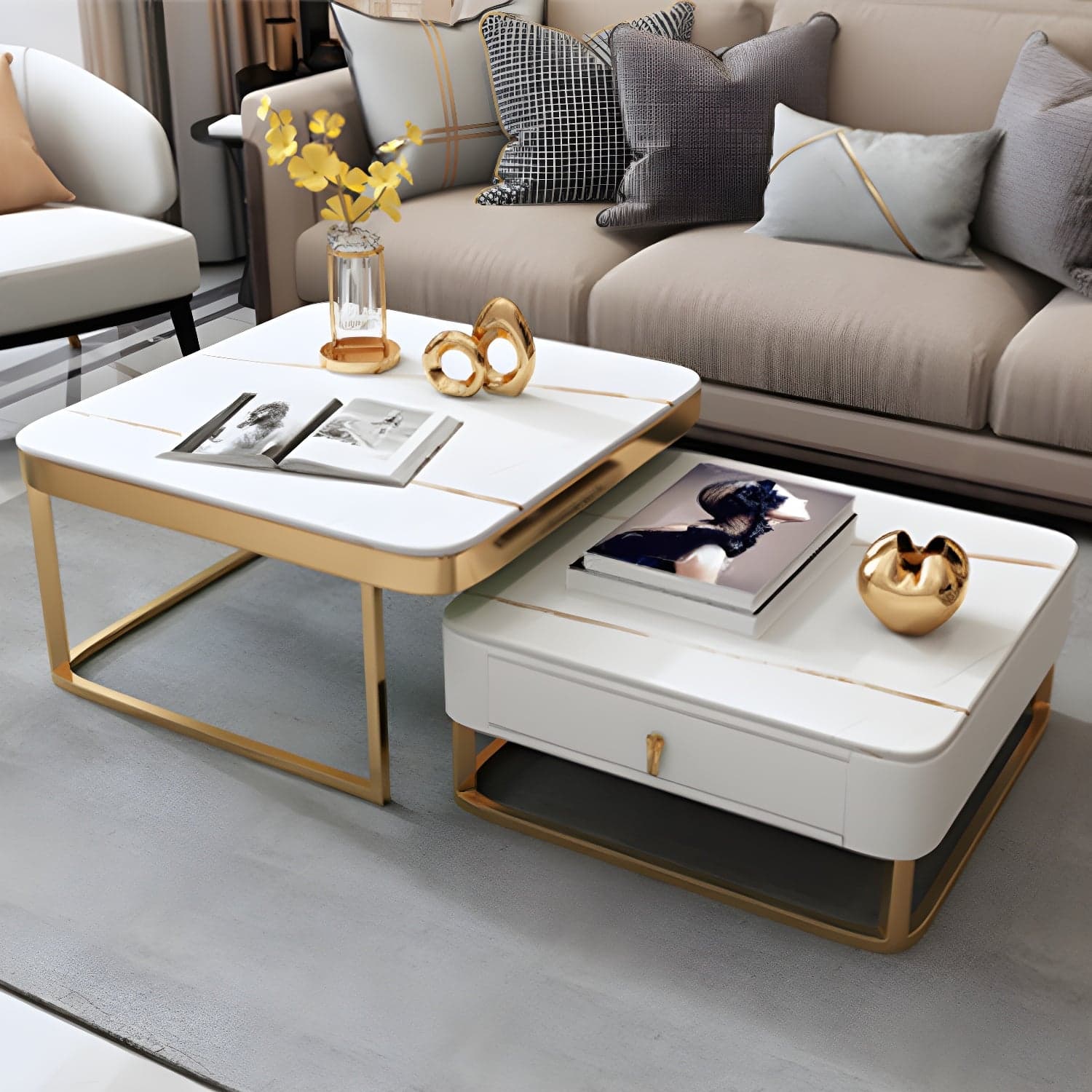 Glam Style Square Coffee Table with Drawer in Metal Frame Base thumbnail 5