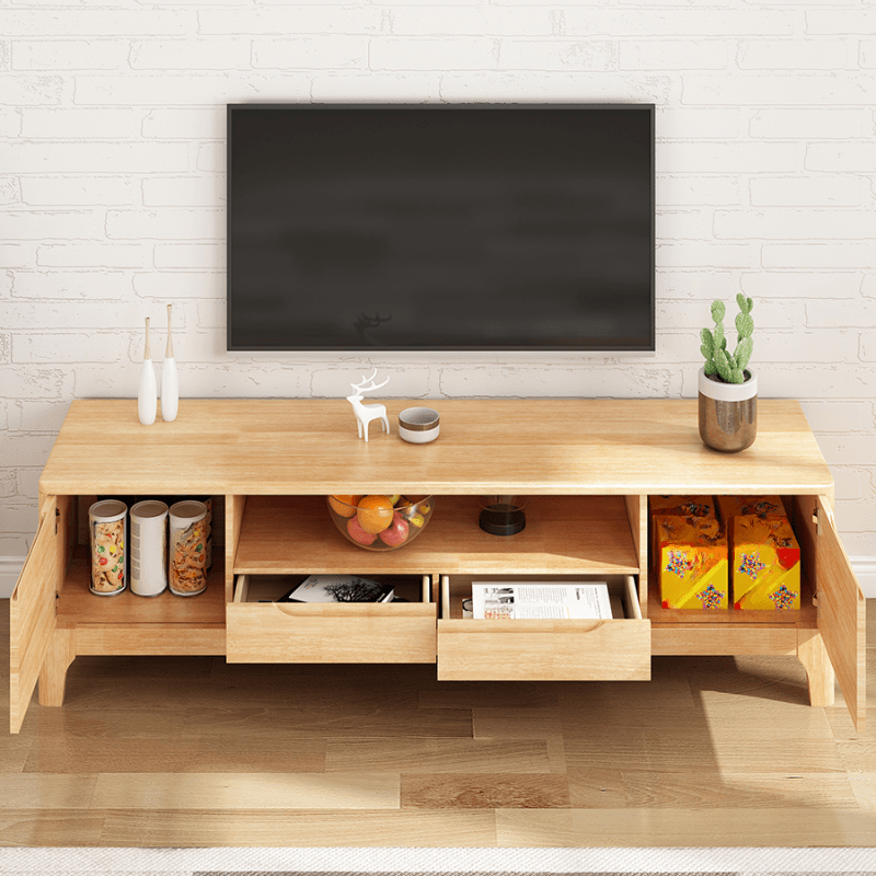 Art Deco Natural Wood TV Stand with 2 Drawers, 2 Cabinets, and Visible Storage thumbnail 8
