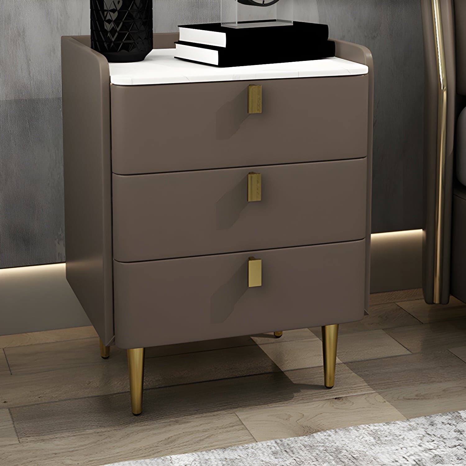 Faux Leather Nightstand Modern 3 - Drawer Nightstand with Stone Top thumbnail 3
