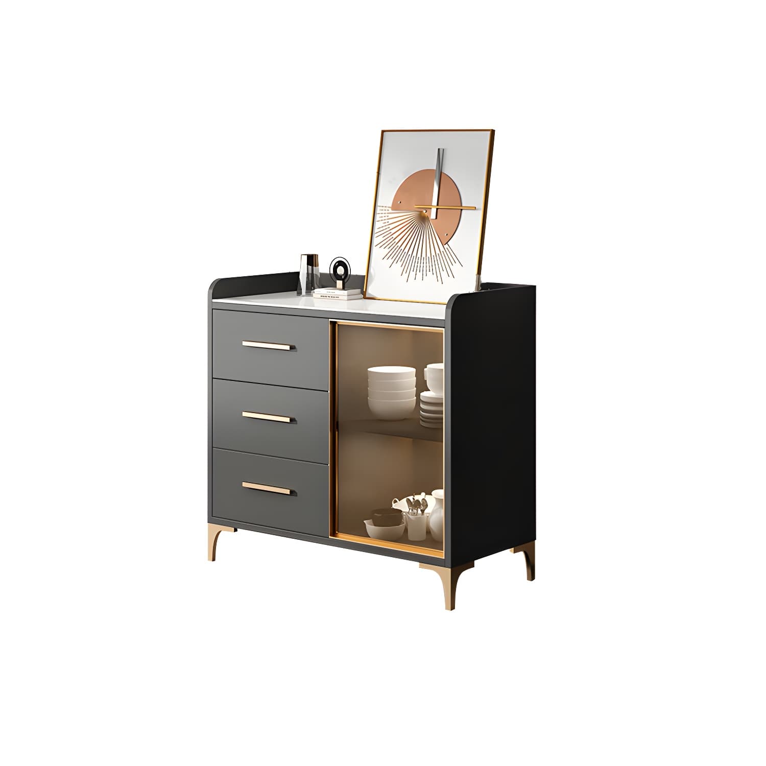 Glam Style Sideboard Wood Glass Doors Side Board with Cabinets and Drawers without Light thumbnail 17