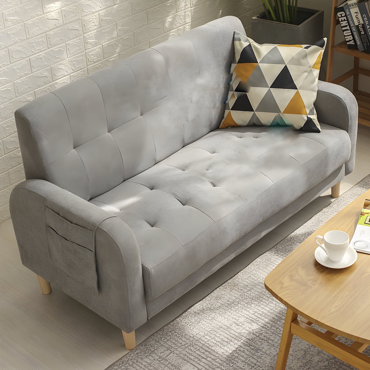 Tufted Fabric Sofa with Four Wooden Legs Square Tufted Sofa for Bonus Room thumbnail 4