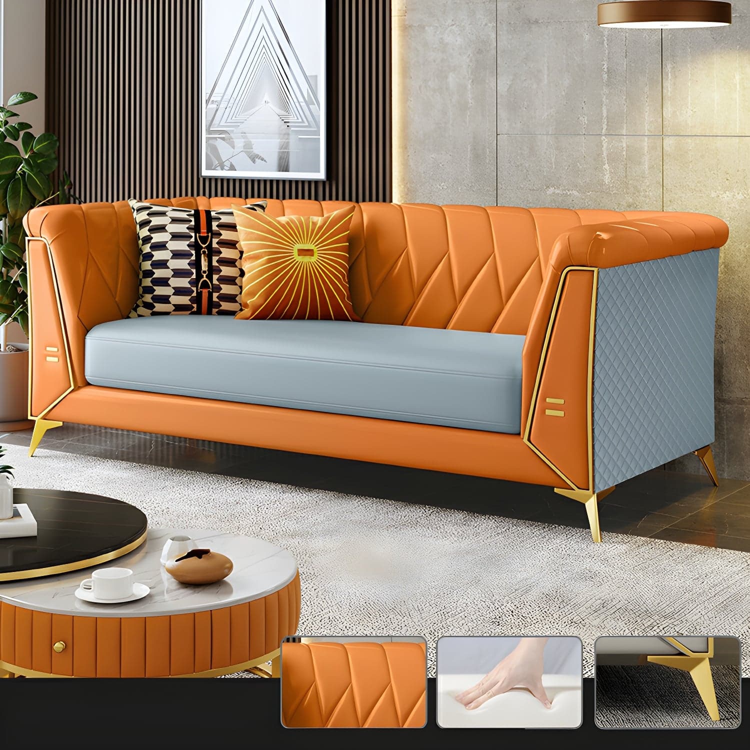 Glam Faux Leather Standard Sofa with Tuxedo Arms in Solid Color thumbnail 6