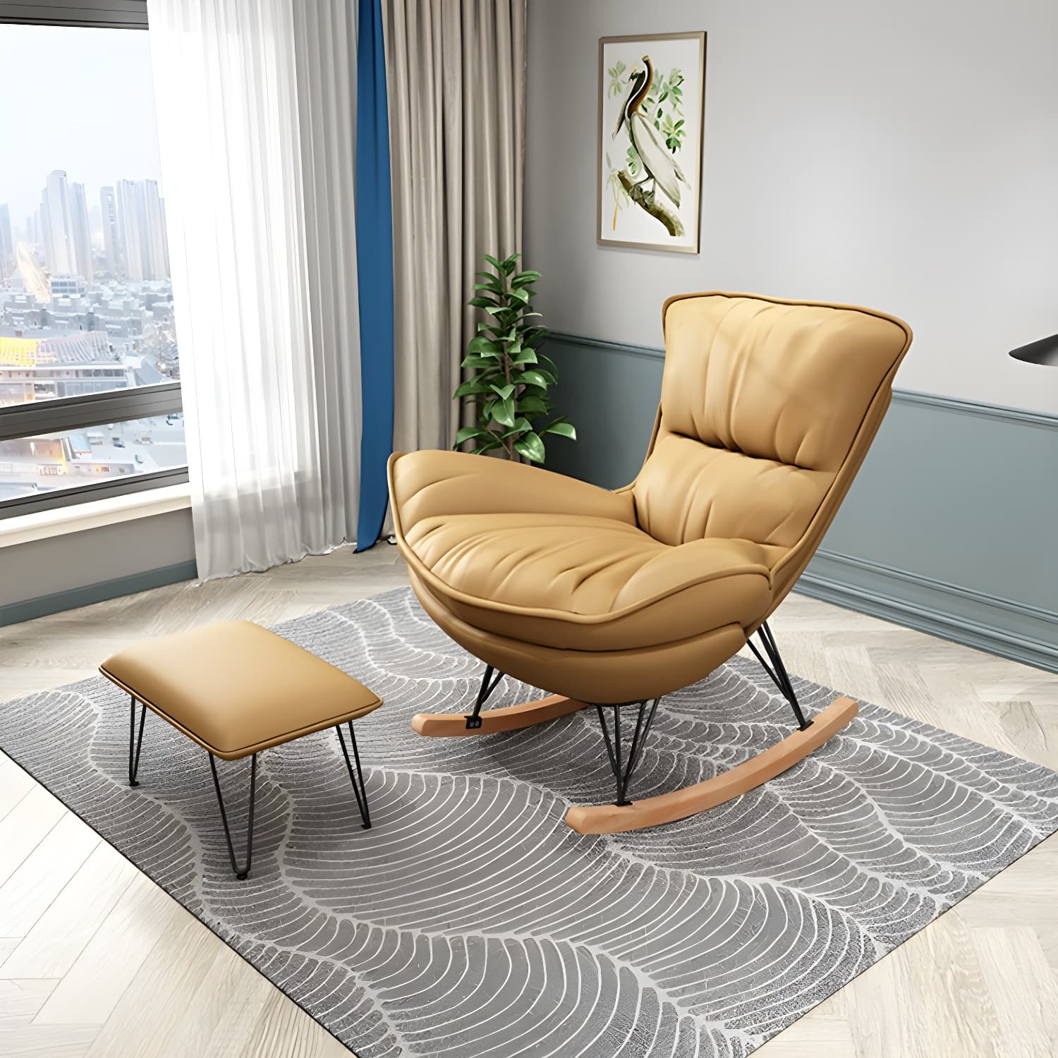 Stylish Modern Indoor Rocking Chair with Ottoman - Upholstered Seat and Natural Wood Legs thumbnail 11