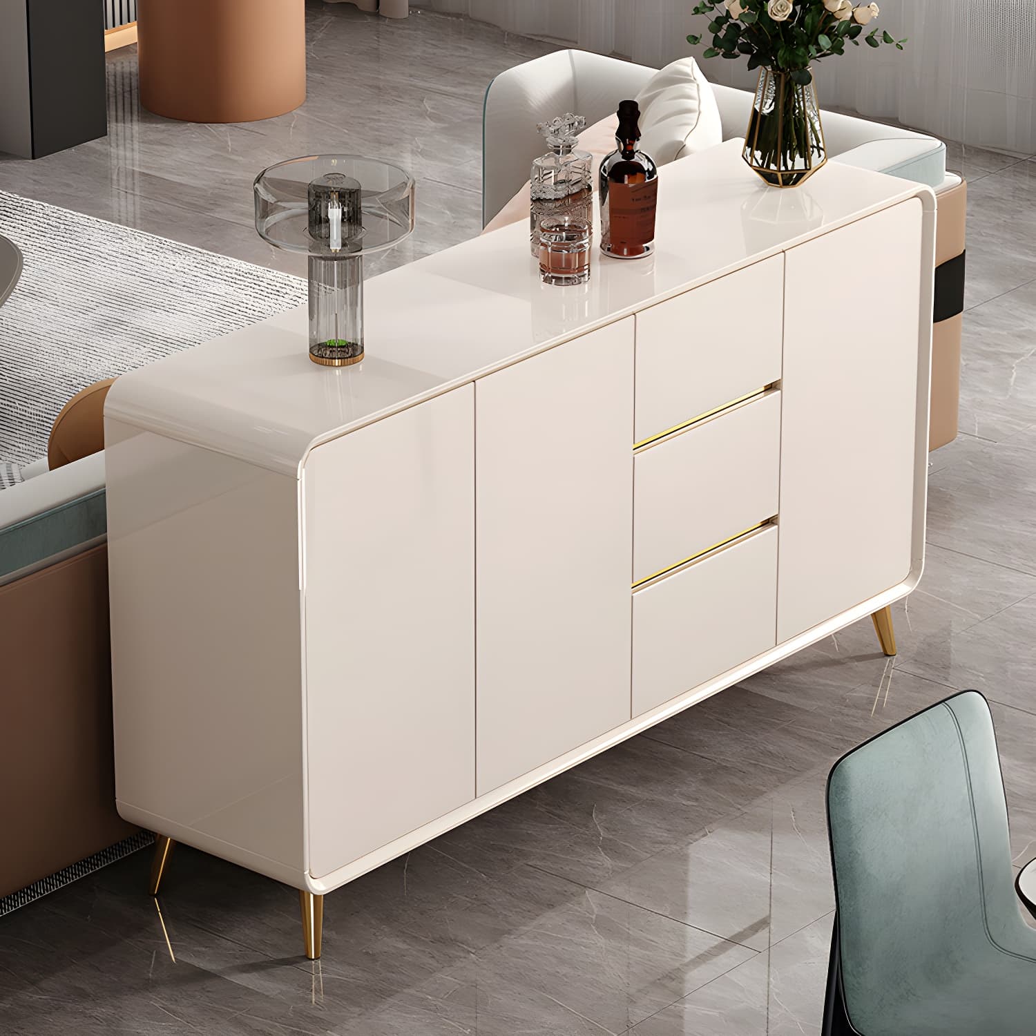 White Glam Sideboard Credenza with Adjustable Shelving and 3 Drawers thumbnail 2