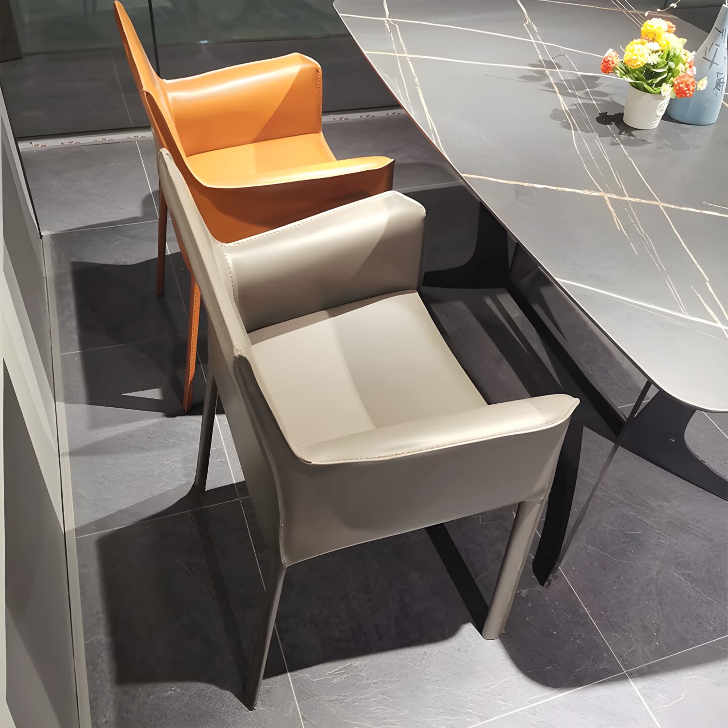 Designer Style Home Saddle Leather Arm Chair Matte Finish Solid Back Single Dining Chair thumbnail 14