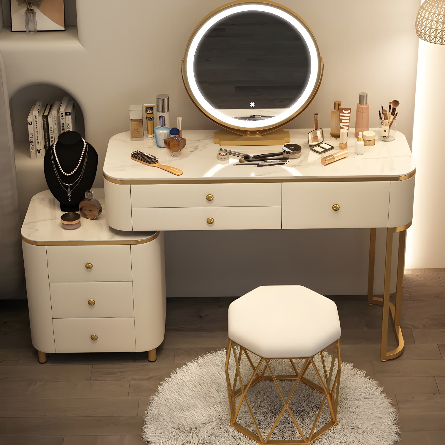Scandinavian Wooden Vanity Desk in White Modern with Drawers Dressing Table thumbnail 6