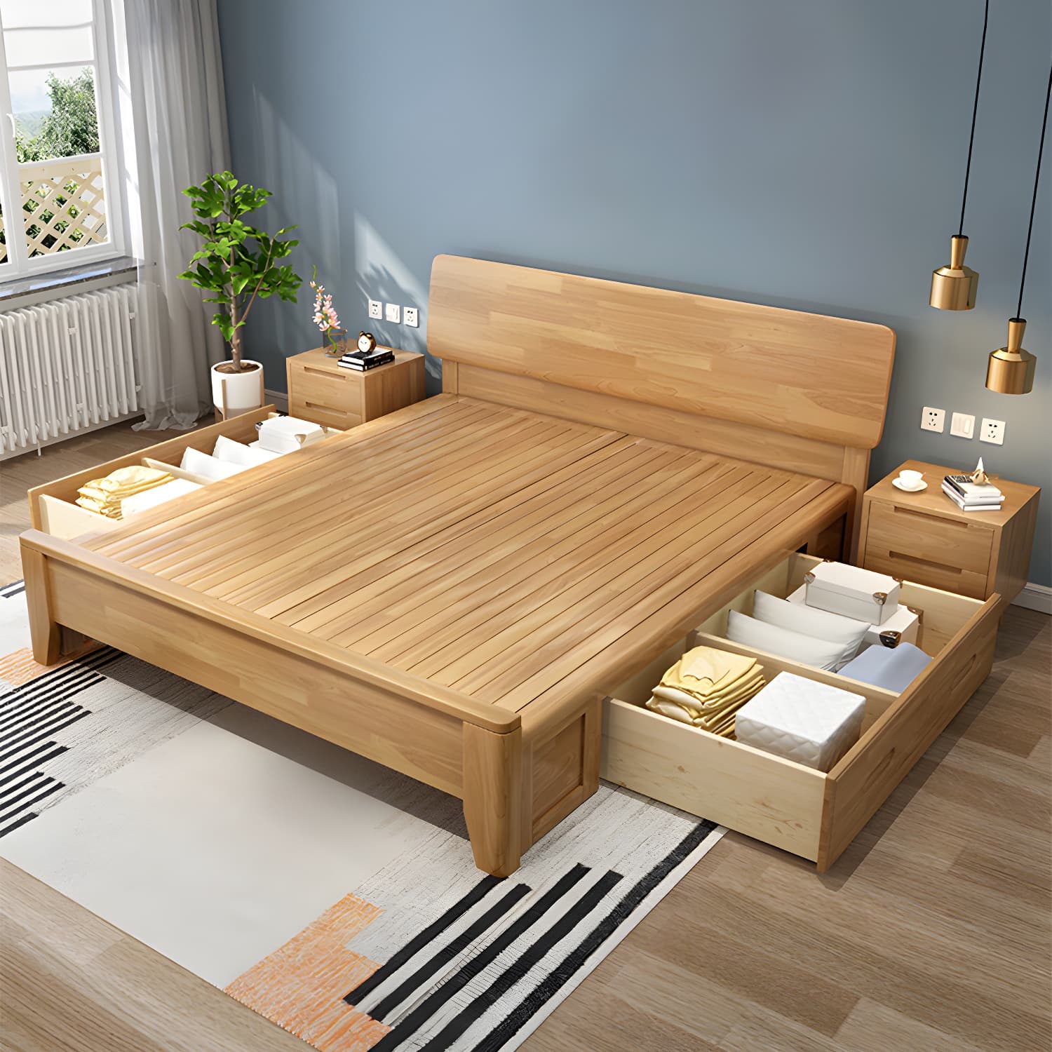 84.65 inch Wide Mid-century Bed Frame Rubberwood Bed with Headboard thumbnail 4