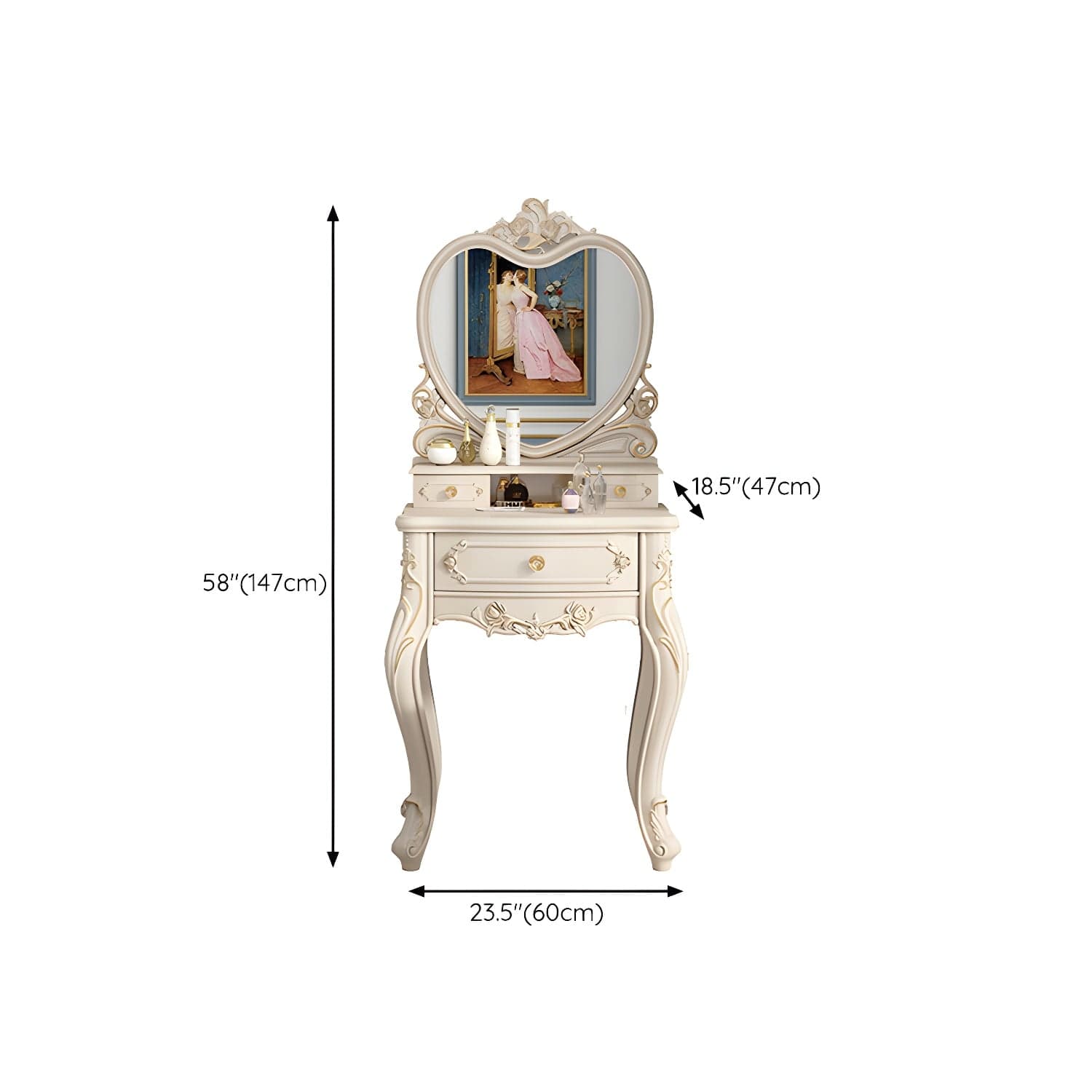 Elegant White Victorian Makeup Vanity Set with Wood Top & Mirror & Drawers & Upholstered Chair thumbnail 14