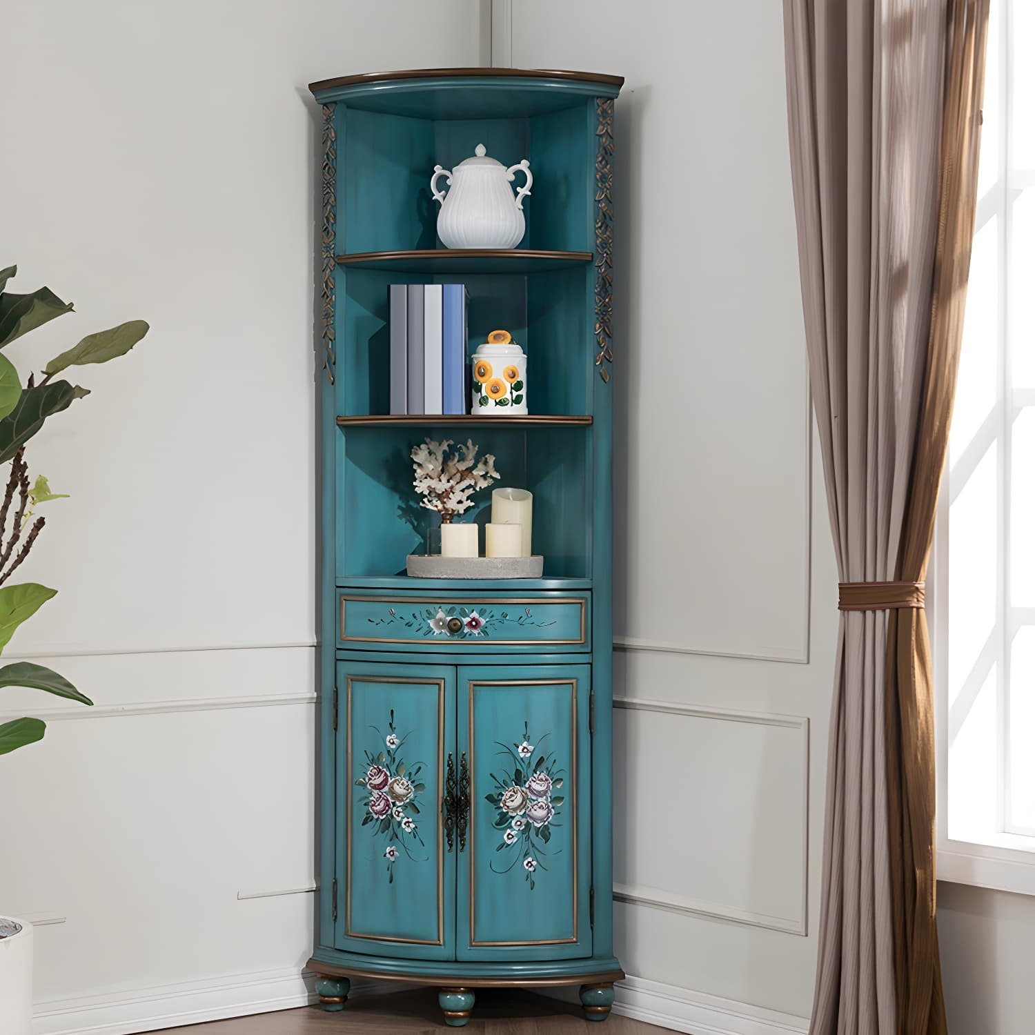 Traditional Bar Pulls Solid Wood Corner Accent Cabinet with Doors thumbnail 8