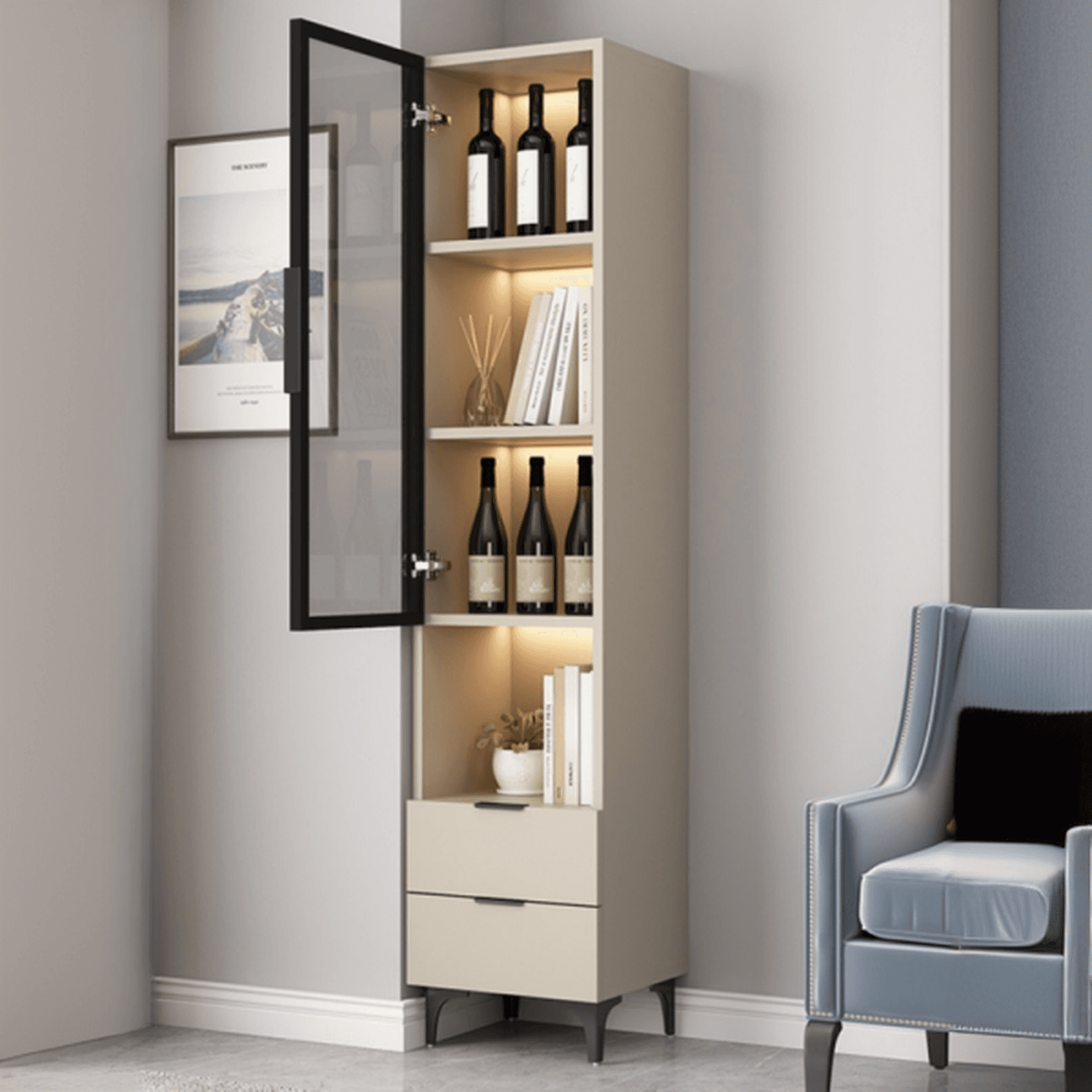 Rectangle Utility Cabinet with Locker, Glass Door, Pull Bars, White/Espresso/Off White Top, Soft Close Drawer, and Light thumbnail 6