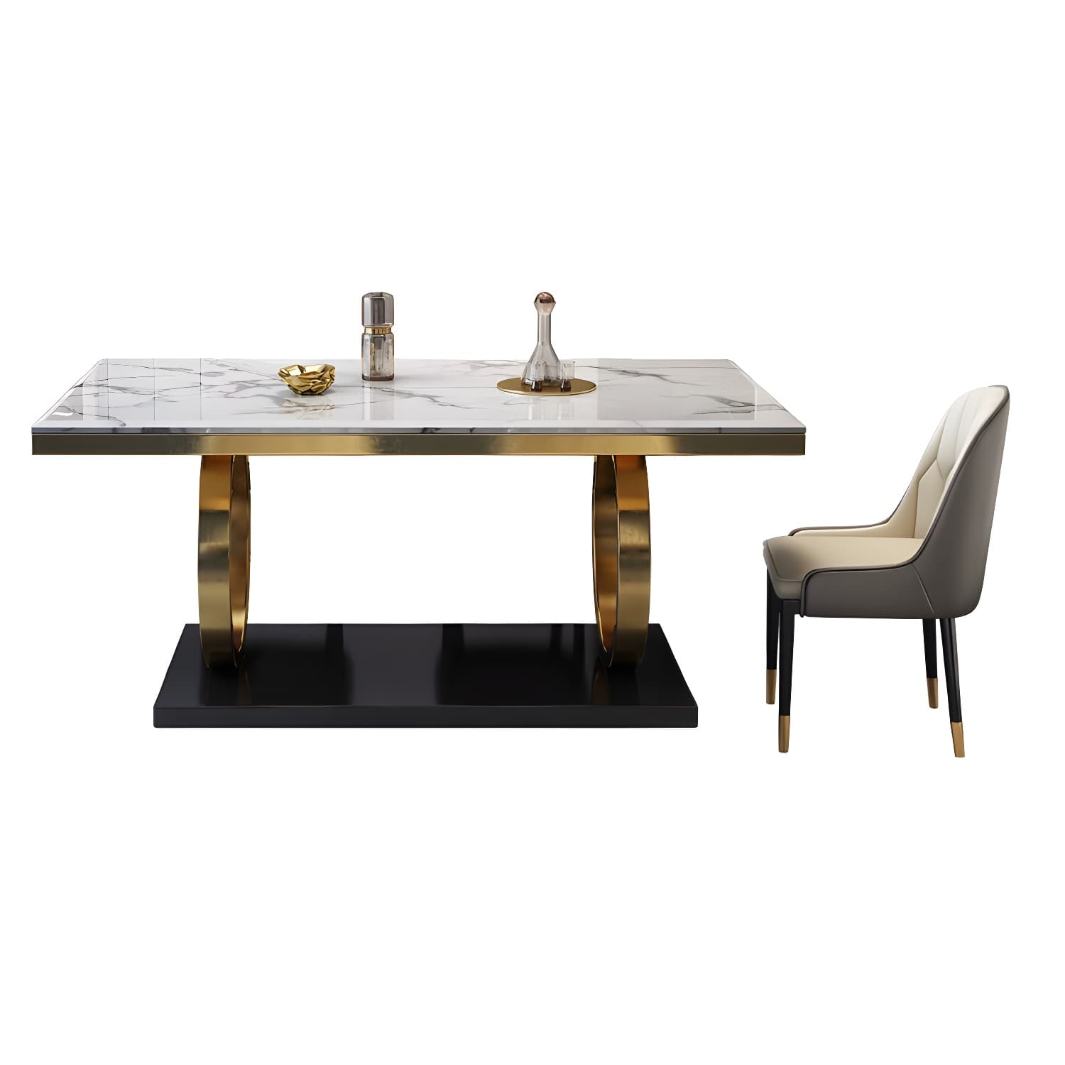 Glam Marble Dining Set with Gold Metal Pedestal Base - White and Beige - 1/5/7 Piece Set thumbnail 6