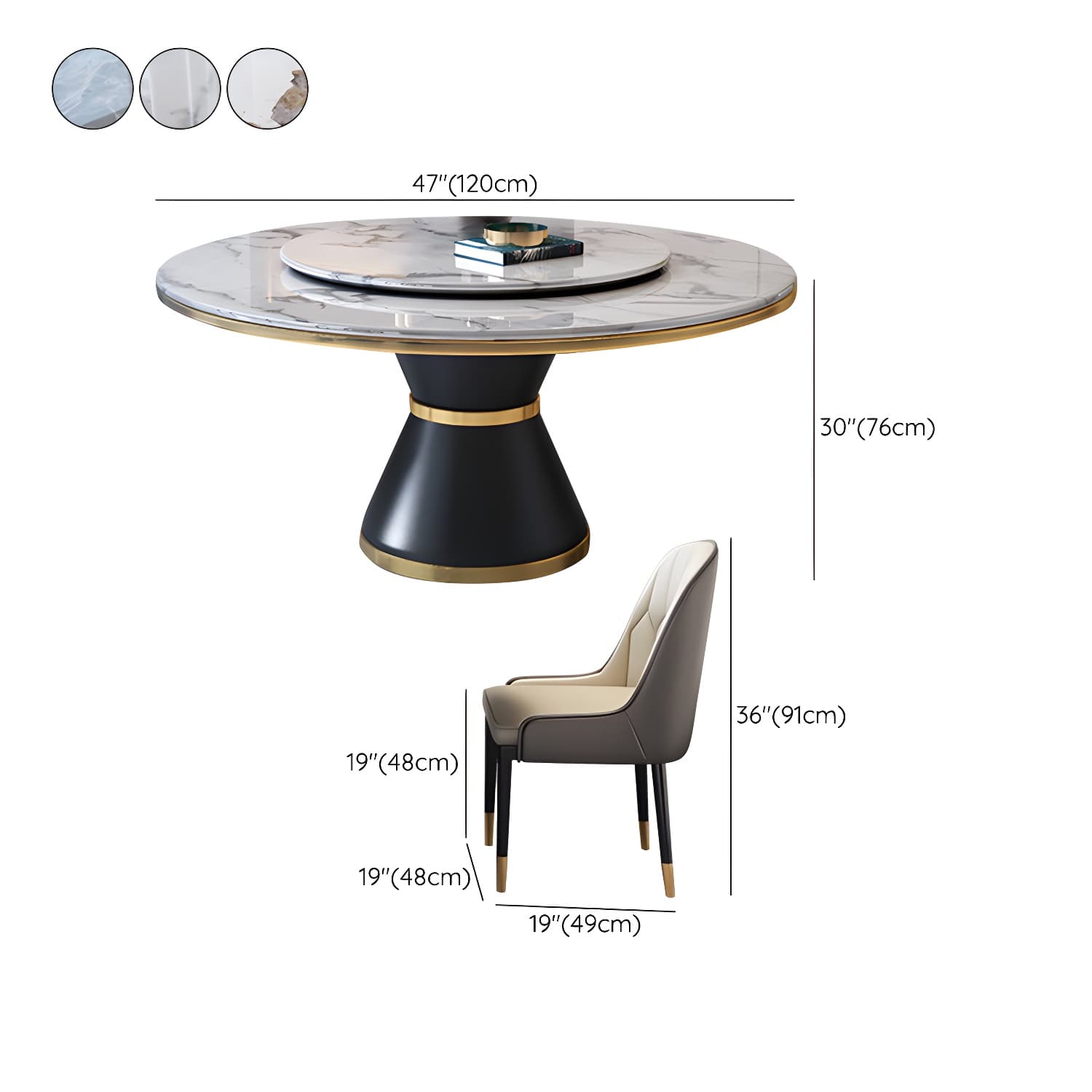 Glam Round Stone Dining Set in White - Fixed Table with Black Metal Pedestal Base thumbnail 15