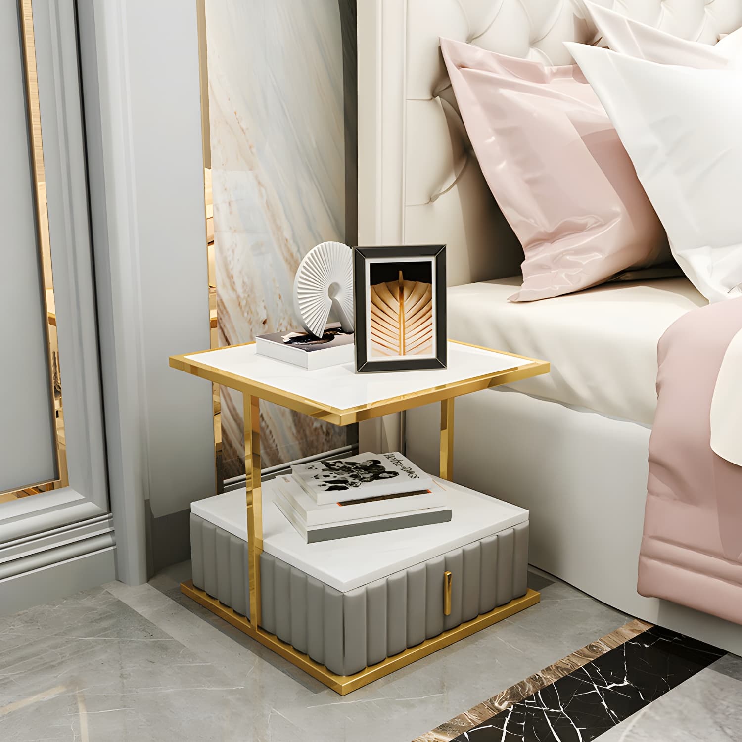 Modern Open Storage Nightstand Stone Top 20 Inch Tall 1-Drawer Night Table thumbnail 4