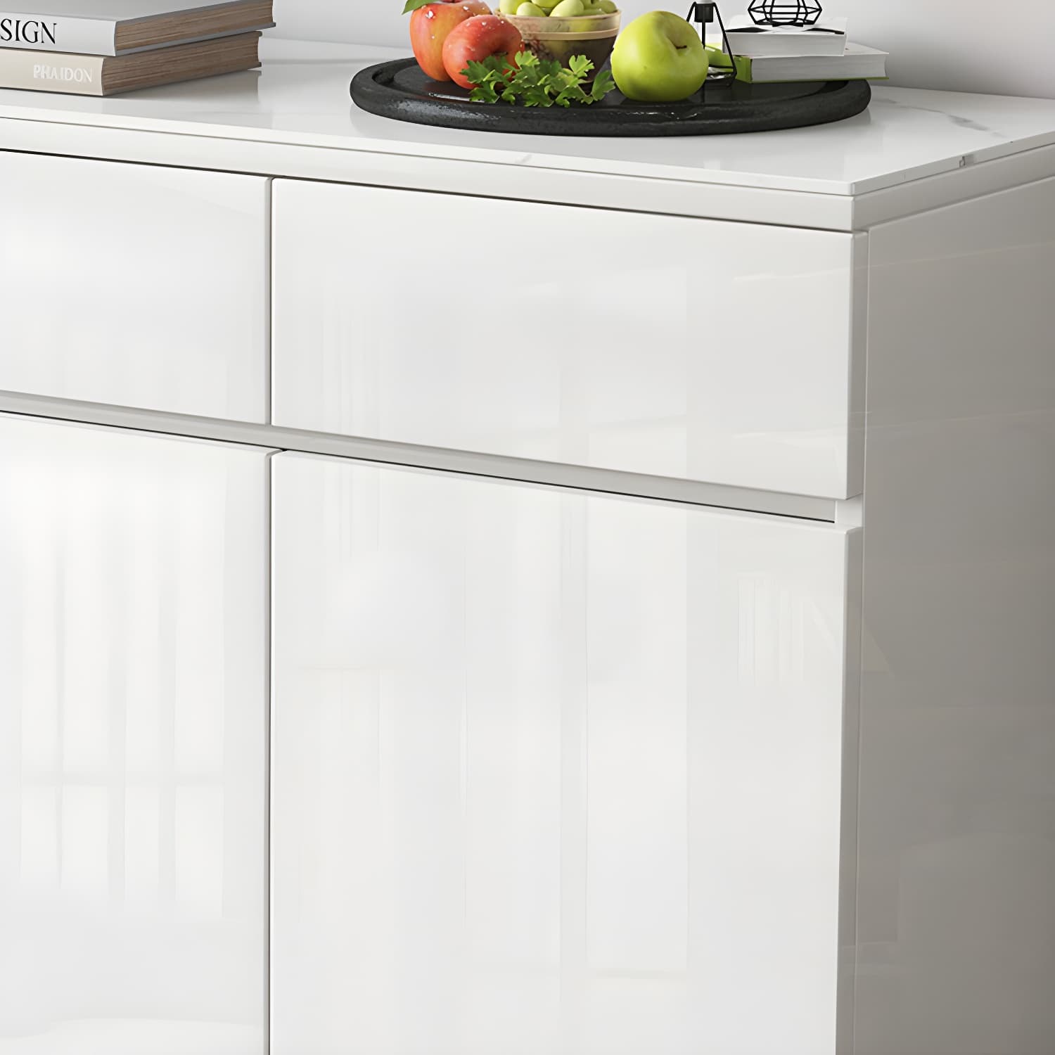Modern White Buffet Cabinet with Stone Countertop and Wood Cabinets Included thumbnail 6