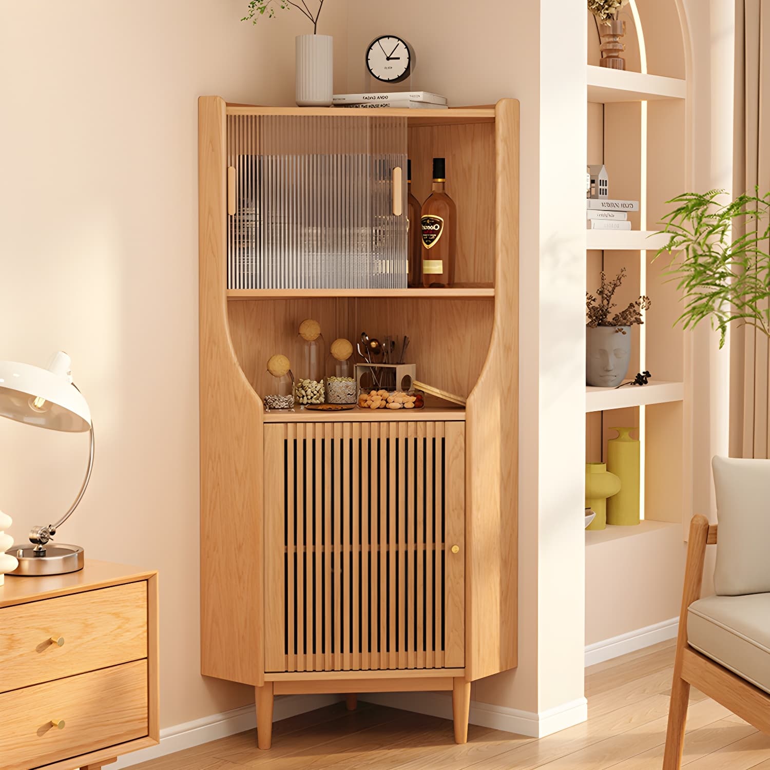 Corner Scandinavian Accent Cabinet with Wood Counter Top and Glass Doors, 2 Exterior Shelves thumbnail 3