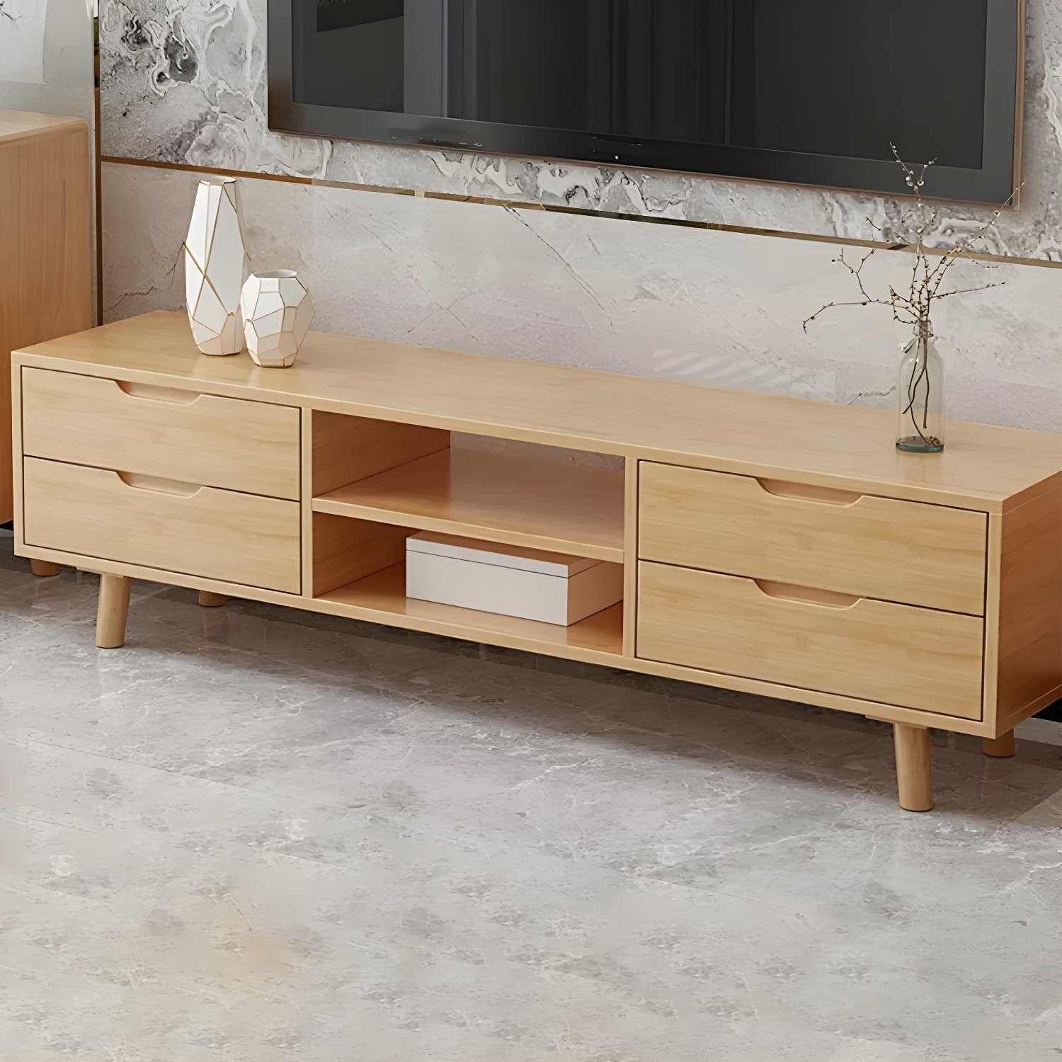 Scandinavian with Drawers Rubberwood with Cabinet TV Media Console thumbnail 7