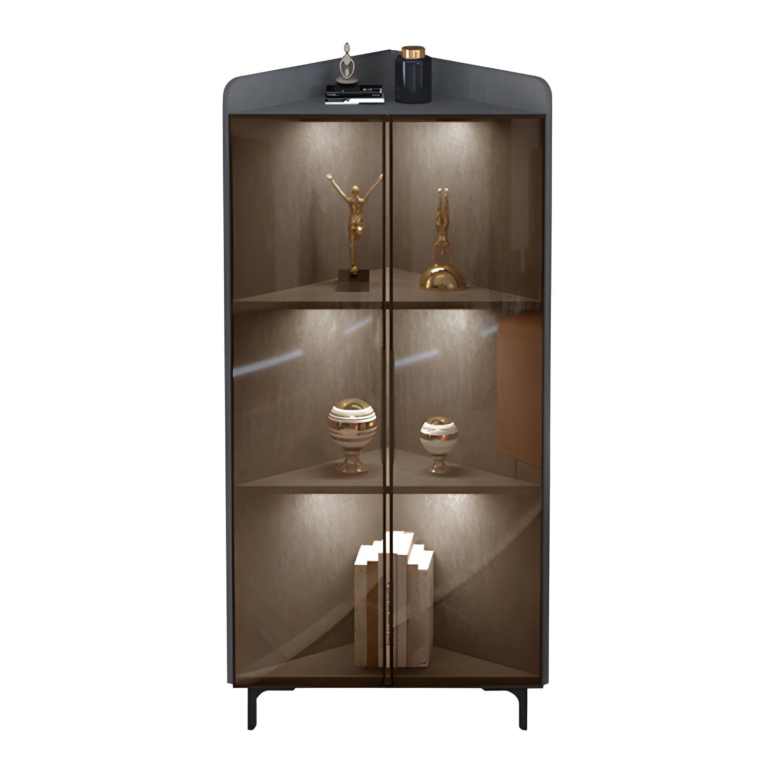 Scandinavian Corner Accent Cabinet with Glass Doors and Black Metal Base - Small Size thumbnail 6