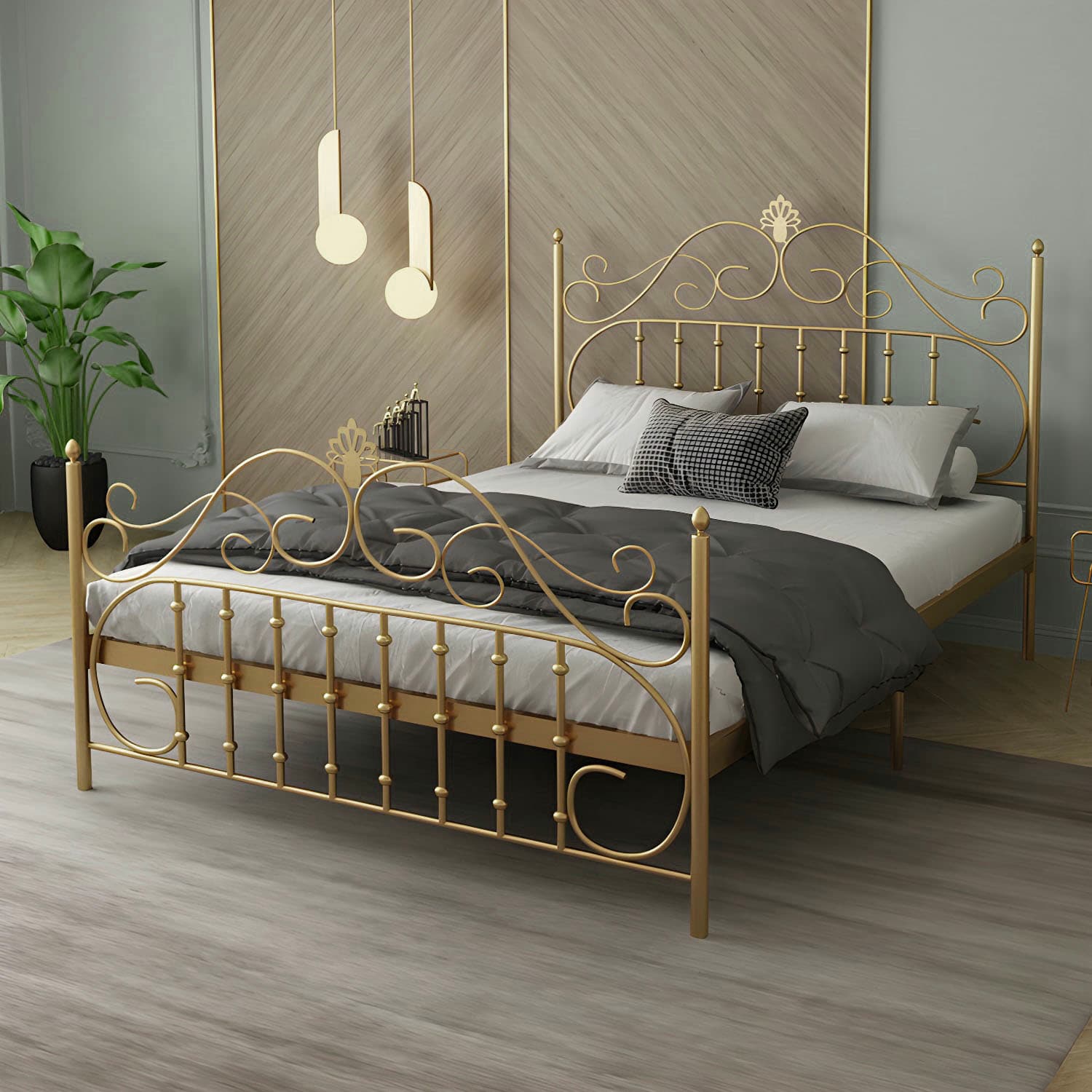 Glam Metal Bed Frame with Camelback Open-Frame Headboard and Footboard thumbnail 4