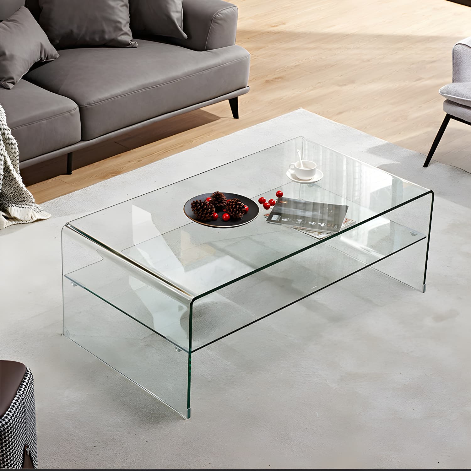 15.7"H Modern Sled Base White/black Glass Square Coffee Table with Shelf thumbnail 6