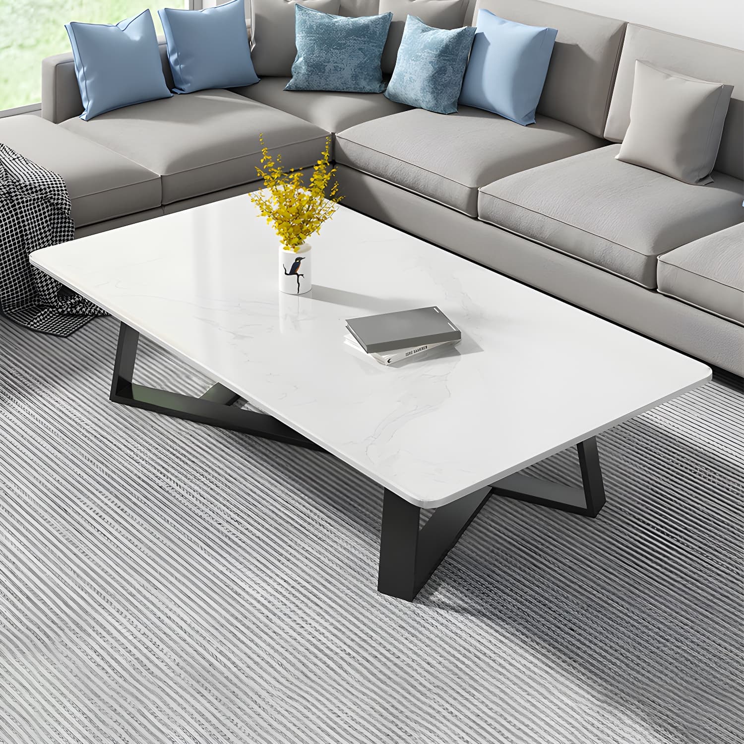 Modern Rectangle Coffee or End Table Stone and Steel Coffee Table with Cross Legs thumbnail 14