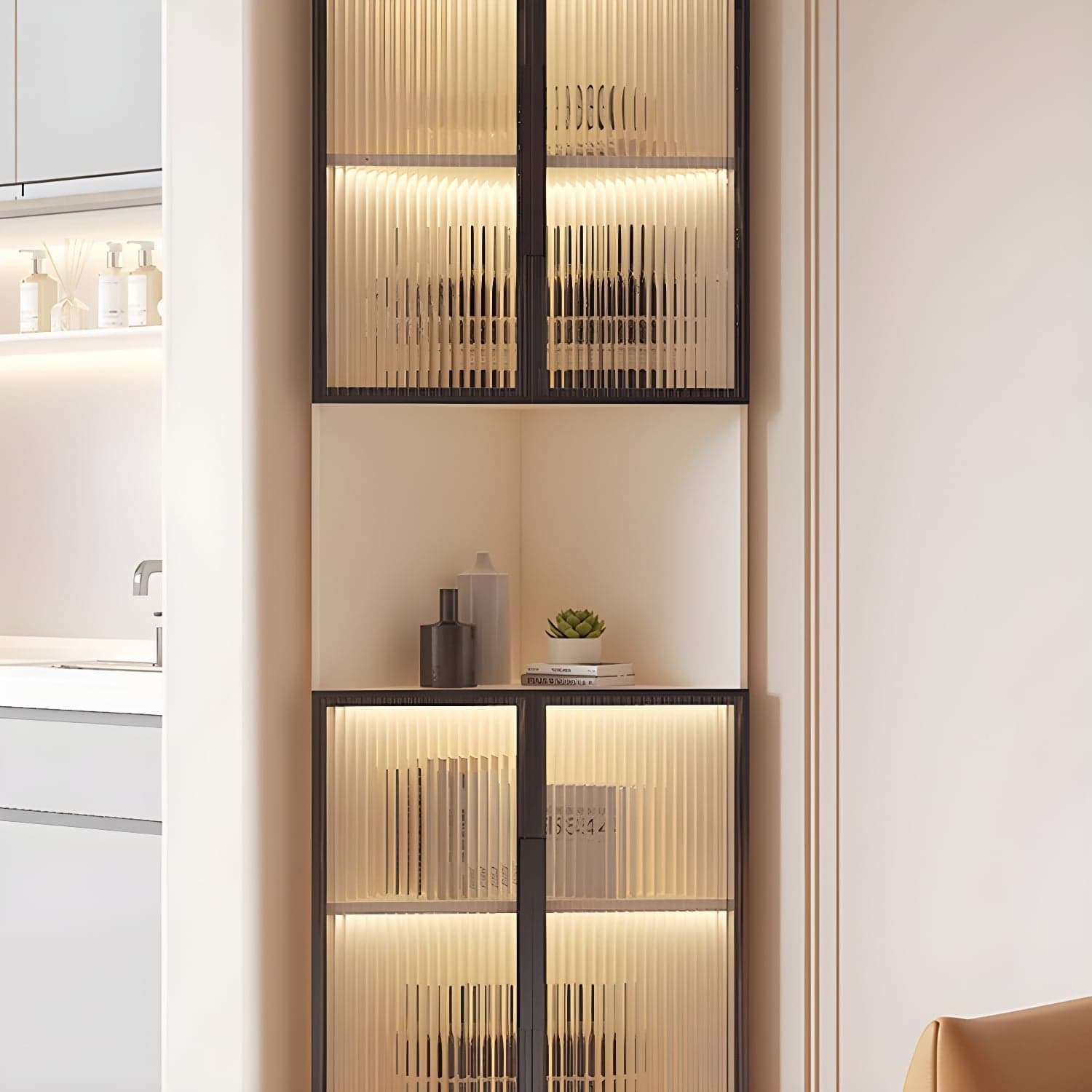 Modern Corner Glass Door Accent Cabinet with Black Metal Base thumbnail 8