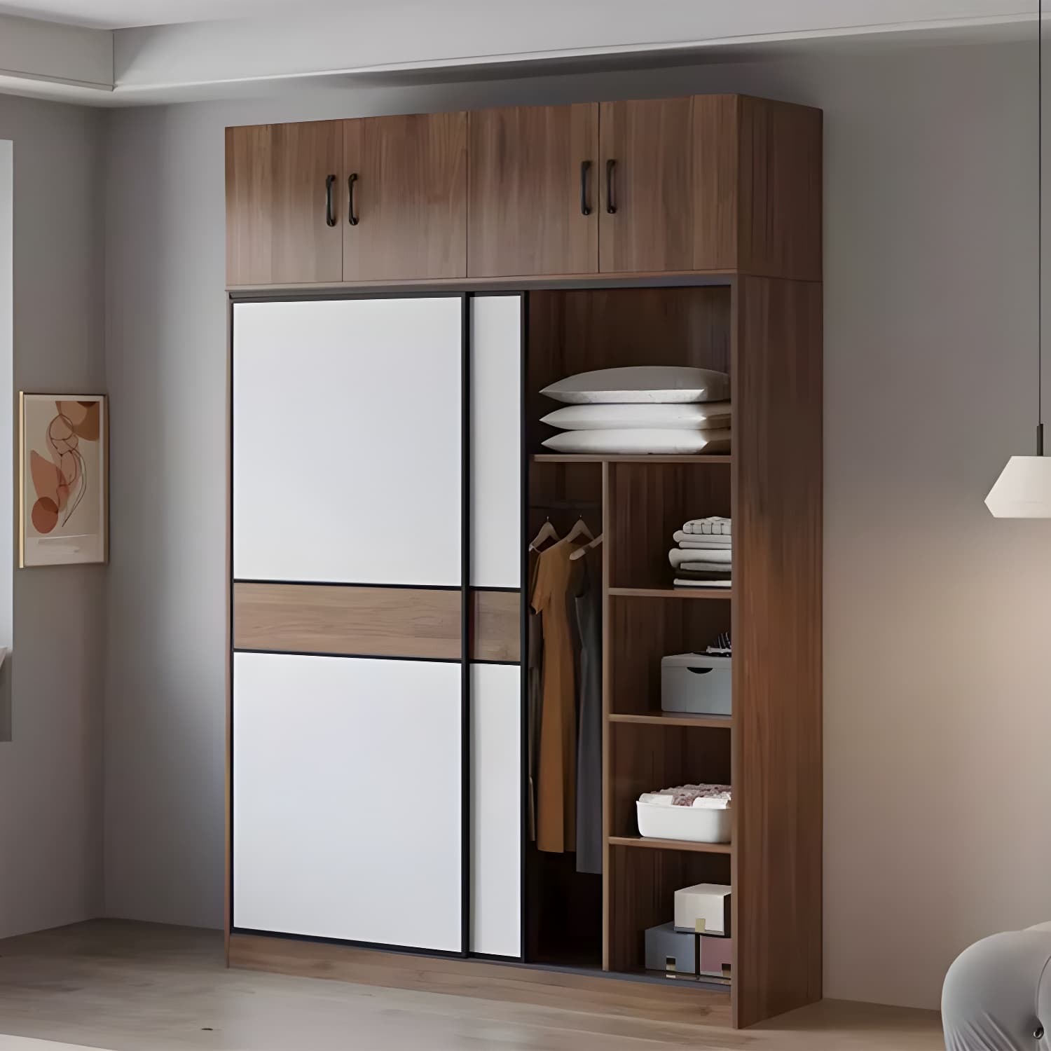 Modern Brown Wood Wardrobe Armoire with Sliding Doors, Shelves, and Clothing Rod thumbnail 4
