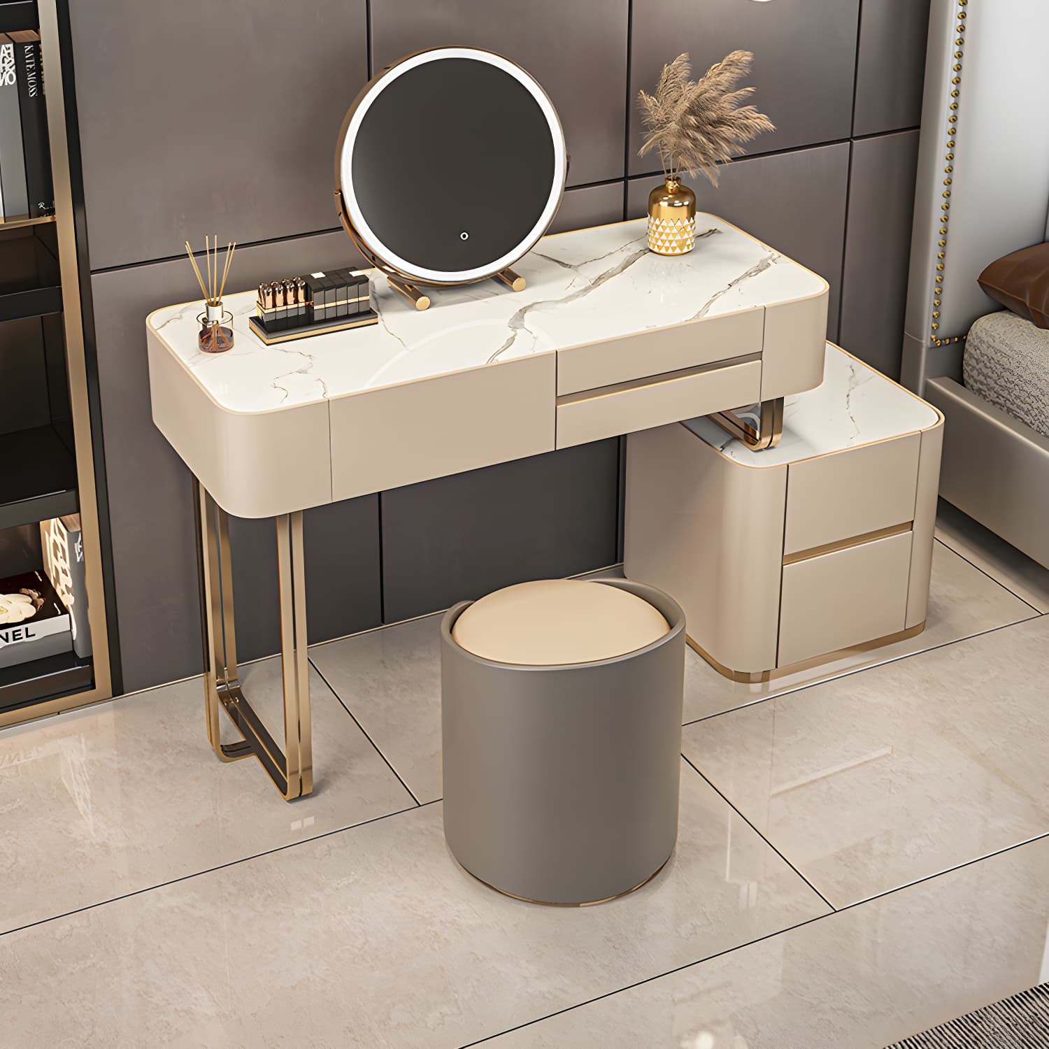 Luxurious Wood and Metal Make-up Vanity 5 Drawers & Lighted Mirror Dressing Table thumbnail 2