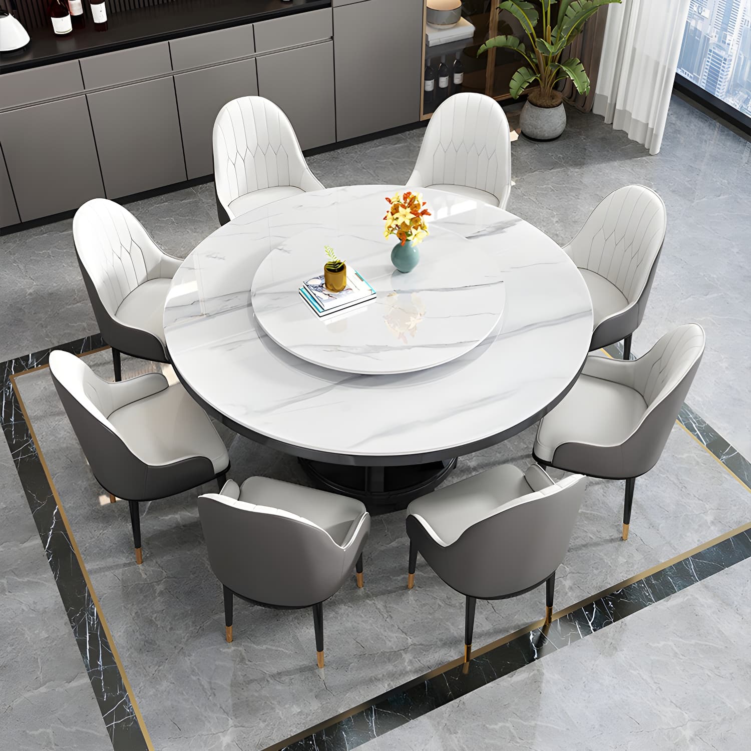 Round Stone Turntable Table Minimalist Furniture with Pedestal Base thumbnail 5