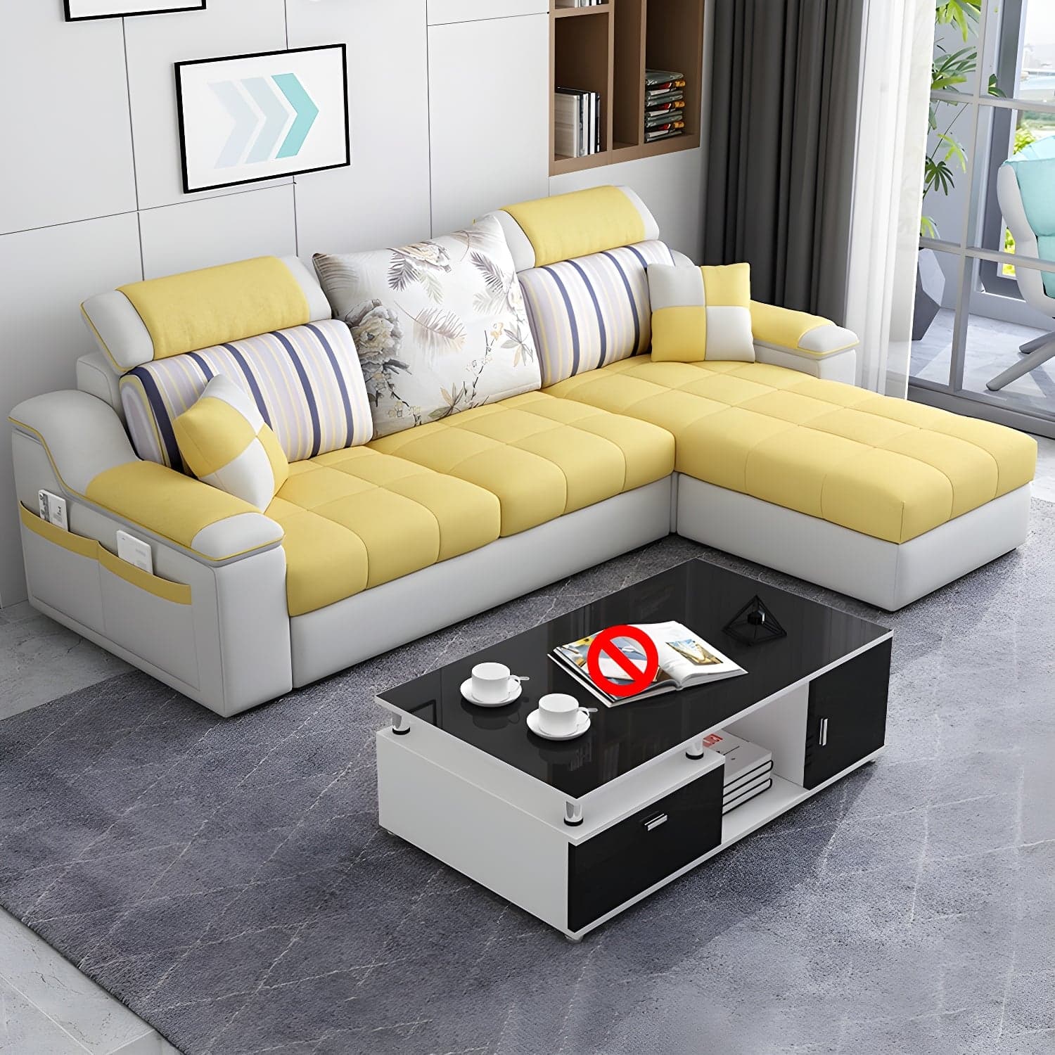Reversible L-Shape Scandinavian Sectional Sofa with Ottoman and Adjustable Headrest in 2 Piece Set thumbnail 9
