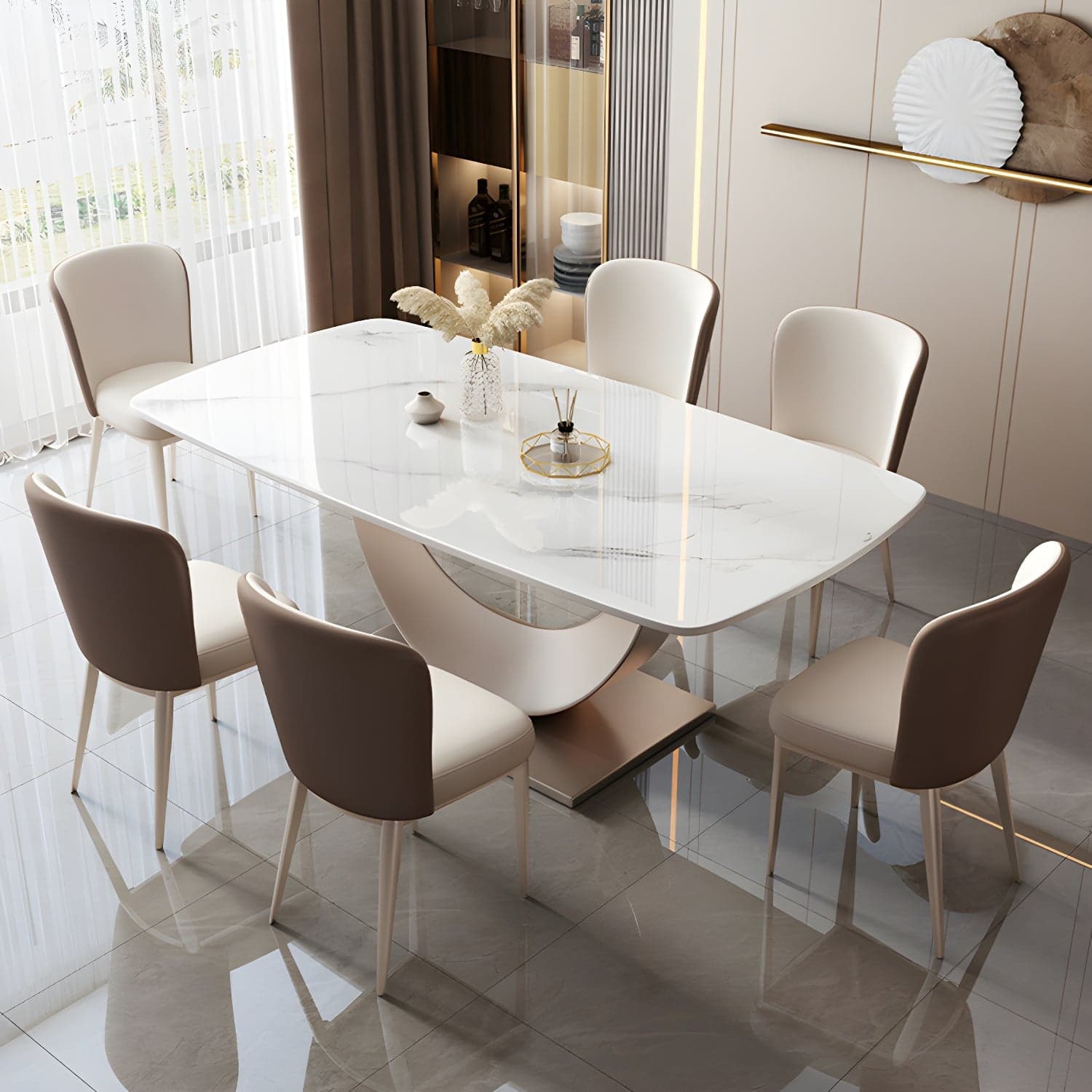 Contemporary Stone Top Dining Table with Metal Pedestal Base thumbnail 1