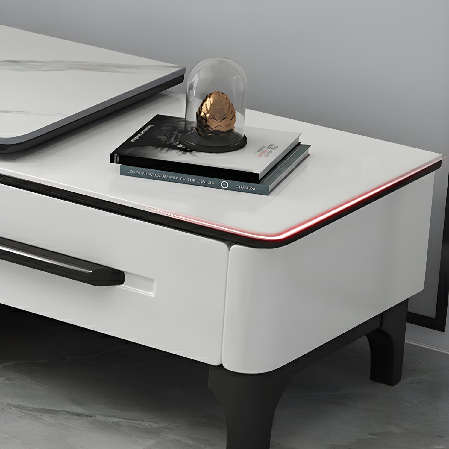 Modern Stone TV Stand with Long Length, Open Storage and Drawers featuring Wood Shelves thumbnail 9