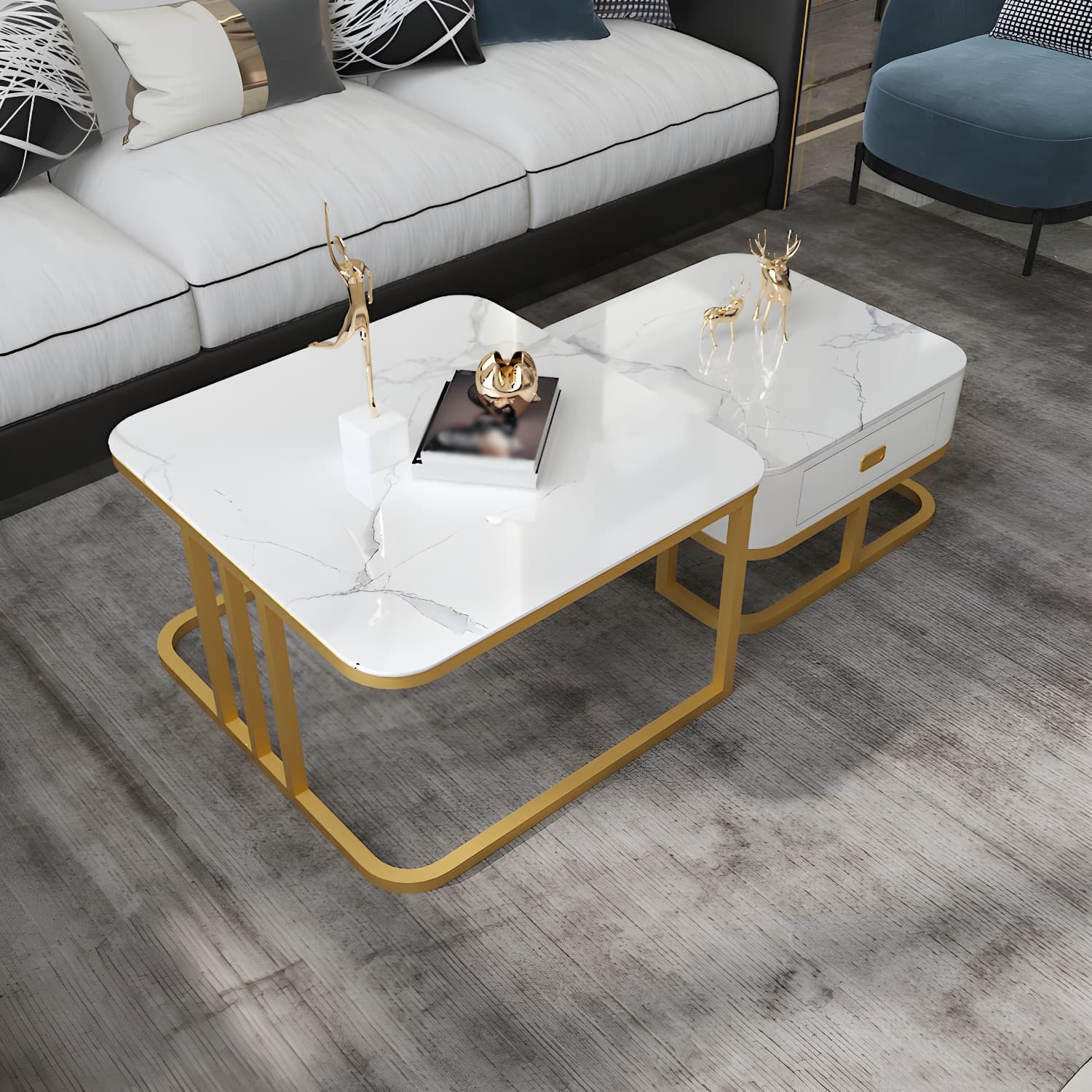 Round Slate/ Glass Coffee Table Frame 2 Nesting Cocktail Table with Storage thumbnail 12